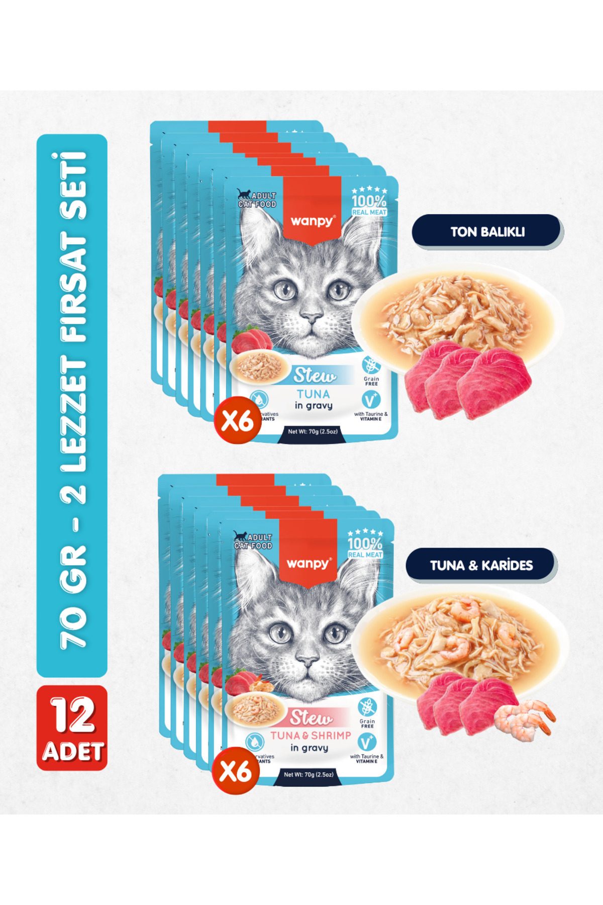Wanpy Kedi Pouch Ton Balık & Ton Karides 70 Gr X 12