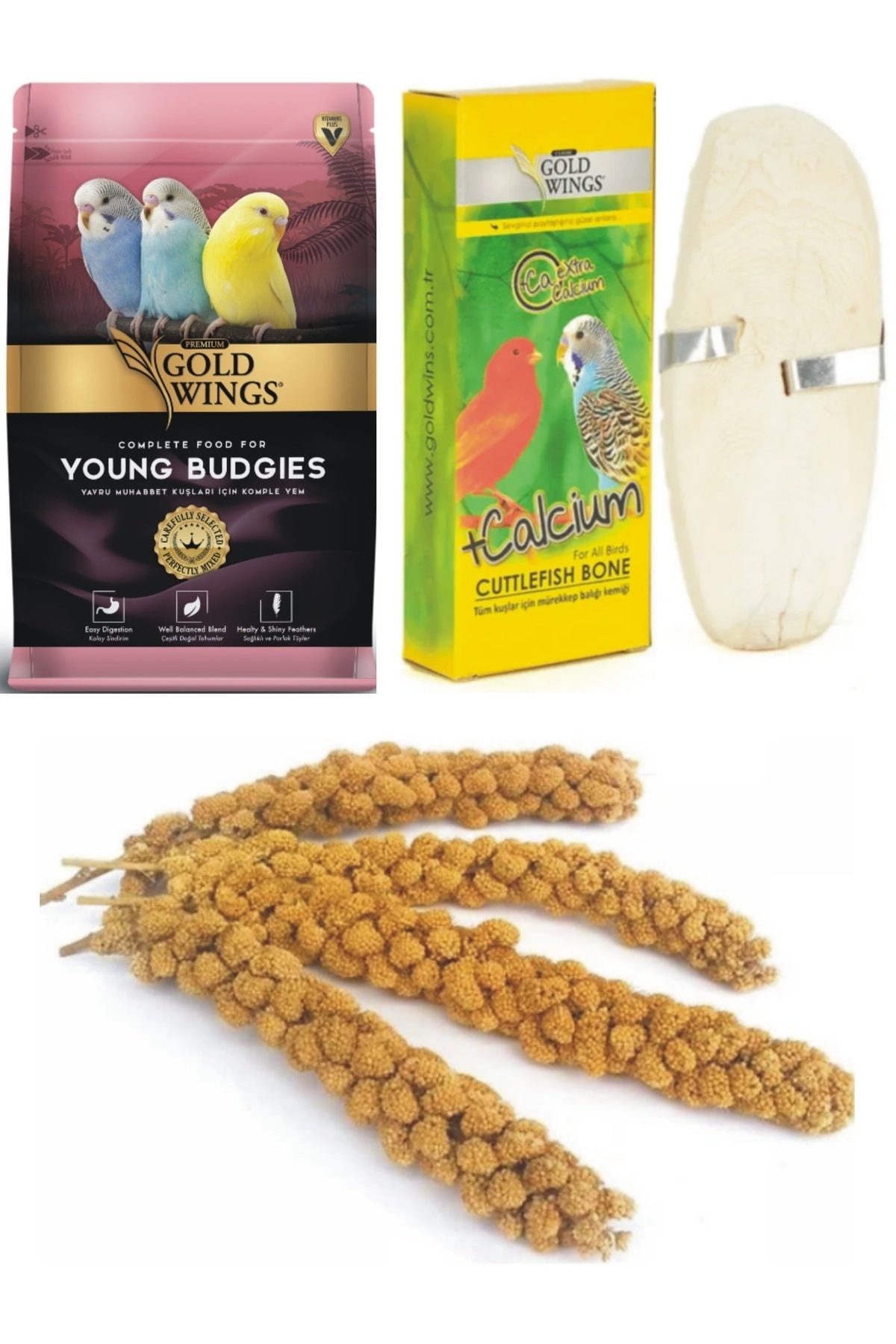 Gold Wings Premium Yavru Muhabbet Kuşu Yemi 1 Kg. Kalamar Kemiği Daldarı