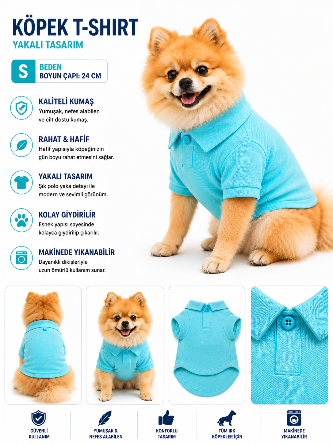 Köpek Polo Yaka Tişört S Beden Boyun Çapı 24 cm Nefes Alabilen Kumaş - Mavi