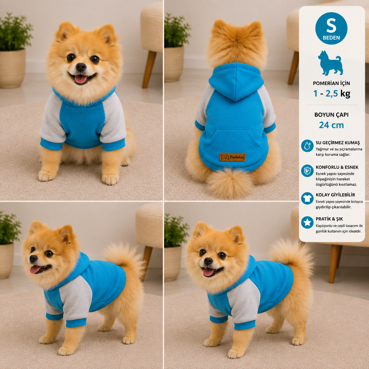 Köpek Sweatshirt S Beden Boyun Çapı 24 cm Kapüşonlu Cepli Raglan Kollu - Turkuaz Gri