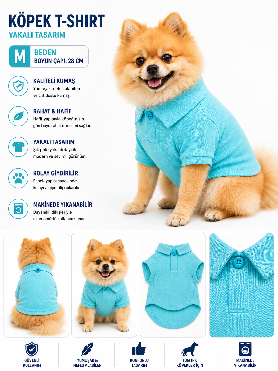 Köpek Polo Yaka Tişört M Beden Boyun Çapı 28 cm Nefes Alabilen Kumaş - Mavi