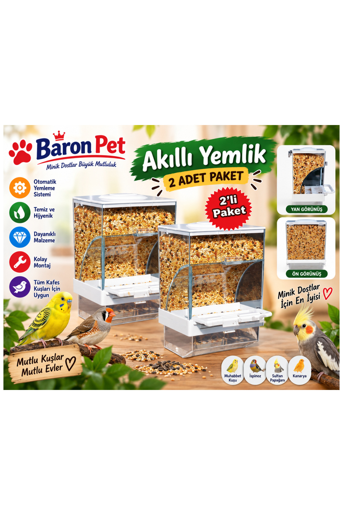 Kuşlar İçin Akıllı Yemlik 2 Adet Otomatik Dolum Kapaklı Kafes Yemliği Muhabbet Kanarya Paraket