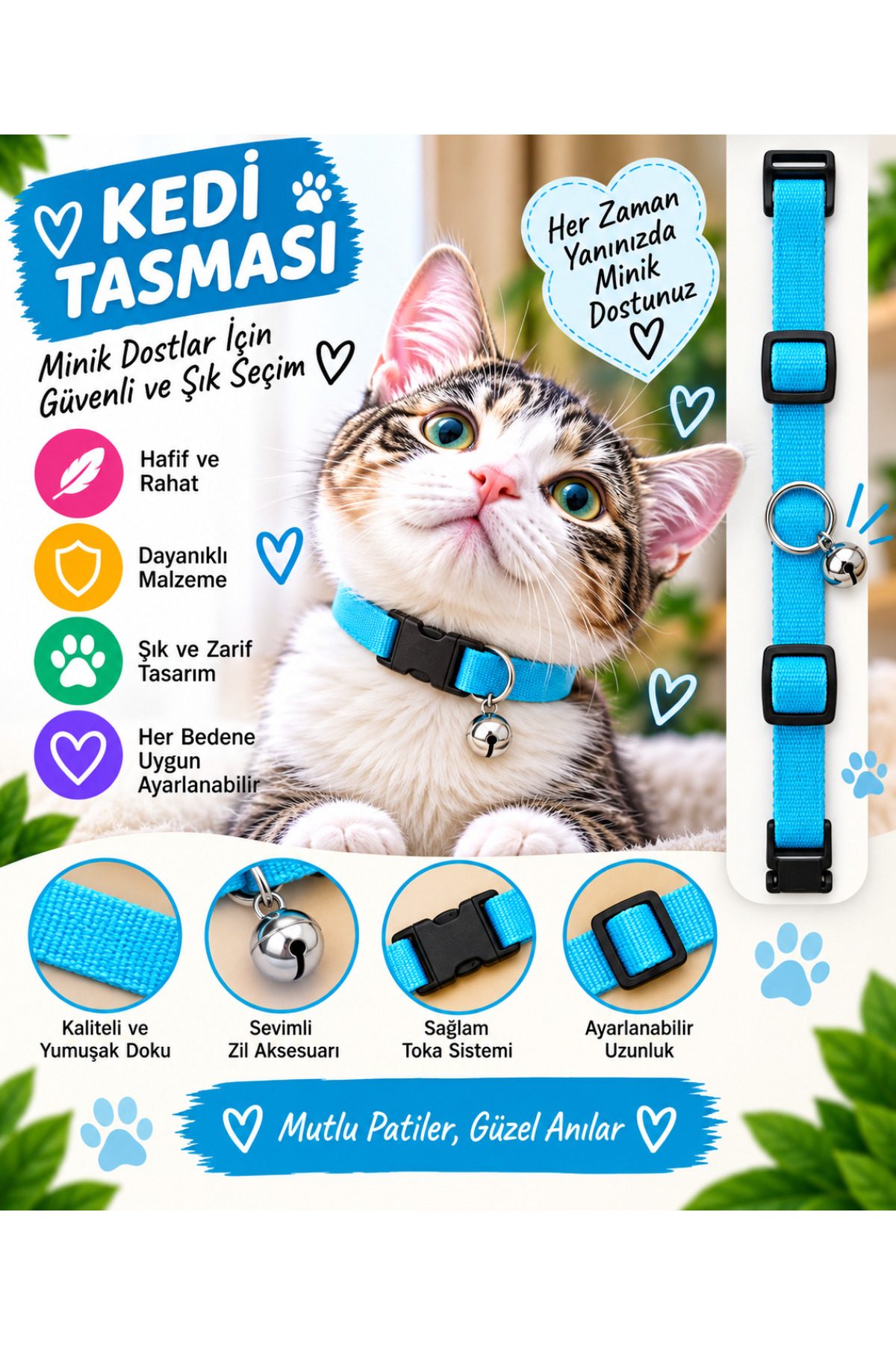 Kedi Tasması Turkuaz Mavi Düz Renk Zilli Ayarlanabilir Klipsli Kumaş Kedi Boyun Tasması