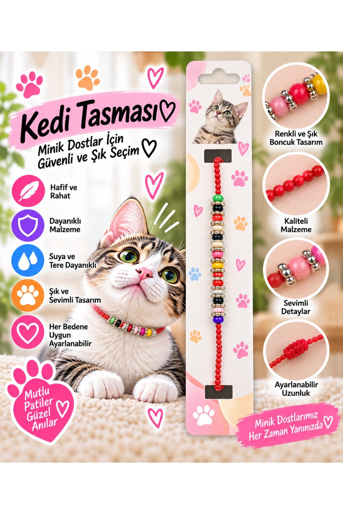 Kedi Tasması Kırmızı Boncuklu Renkli Detaylı Ayarlanabilir Boyun Tasması