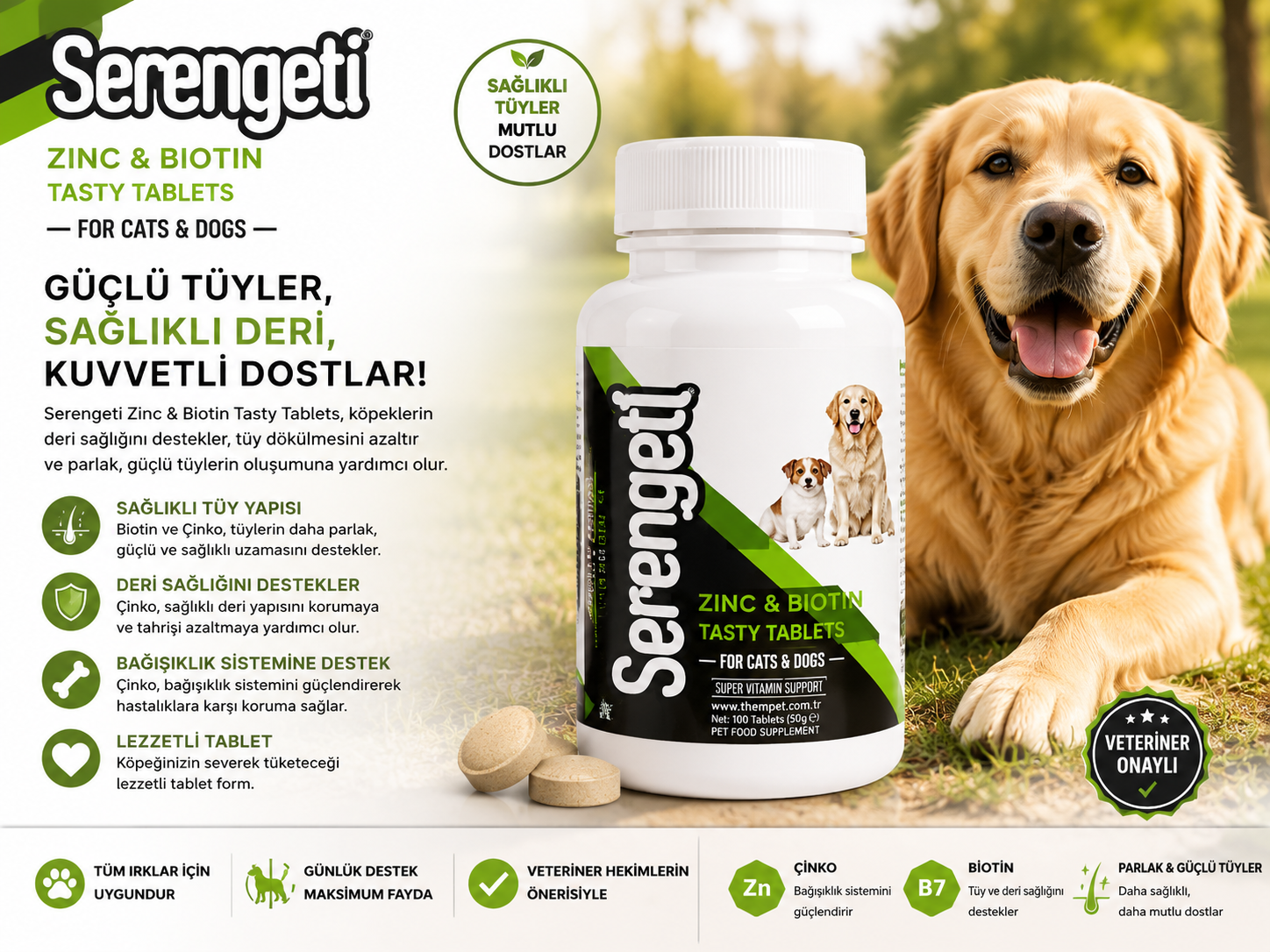 Serengeti Zinc & Biotin Tasty Tablets Kedi Köpek Tüy ve Deri Sağlığı 100 Tablet 50 gr