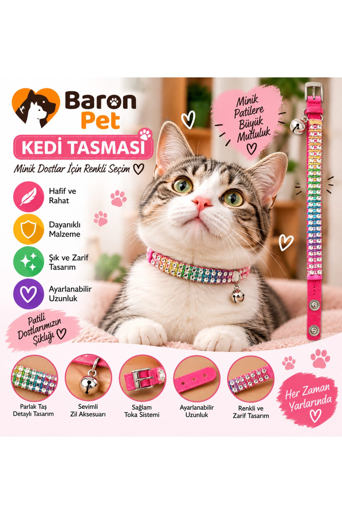 Kedi Tasması Fuşya Gökkuşağı Taşlı Zilli Ayarlanabilir Çift Sıra Renkli Taş Detaylı Kedi Boyun Tasması
