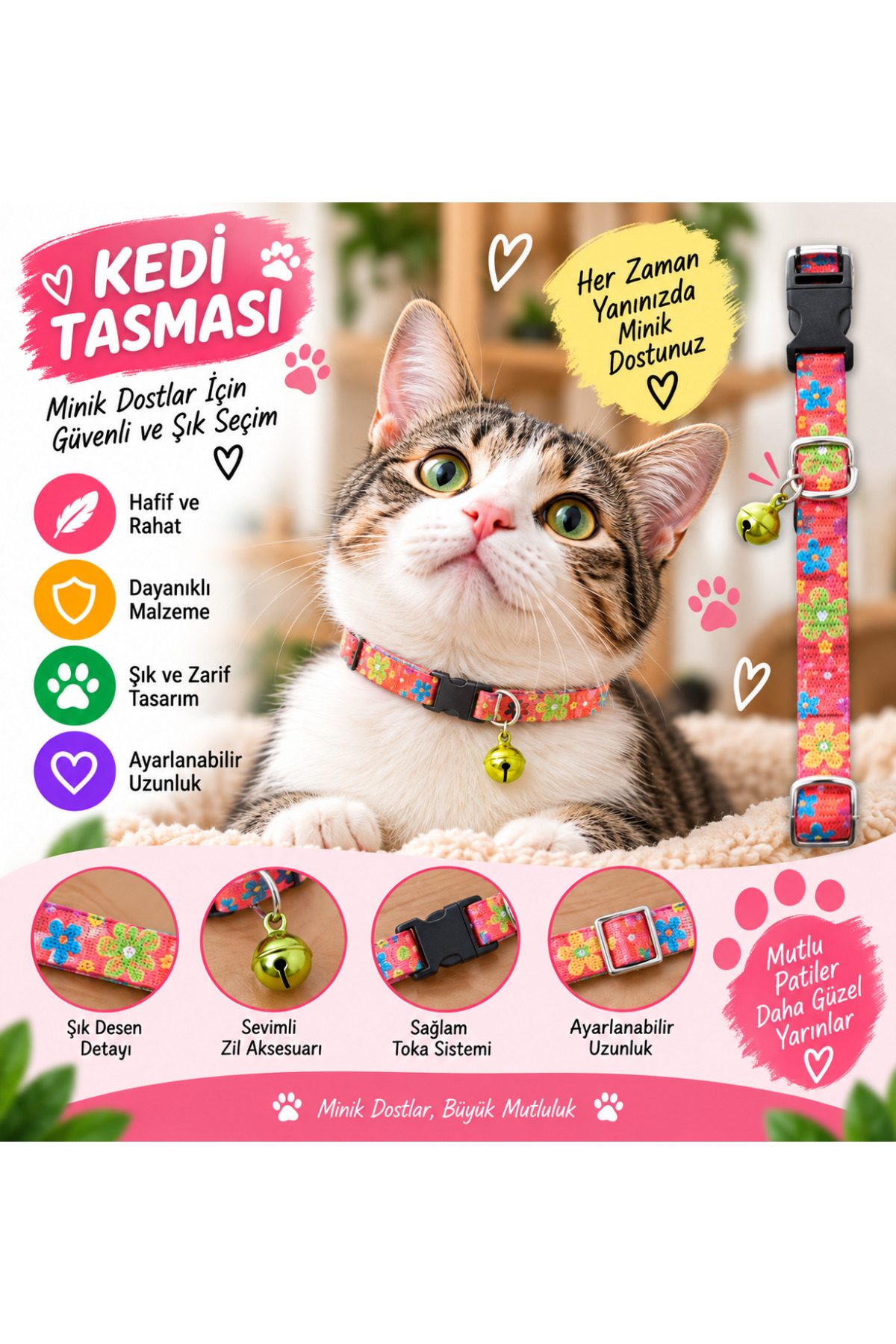 Kedi Tasması Mercan Renkli Çiçek Desenli Zilli Ayarlanabilir Klipsli Kumaş Kedi Boyun Tasması