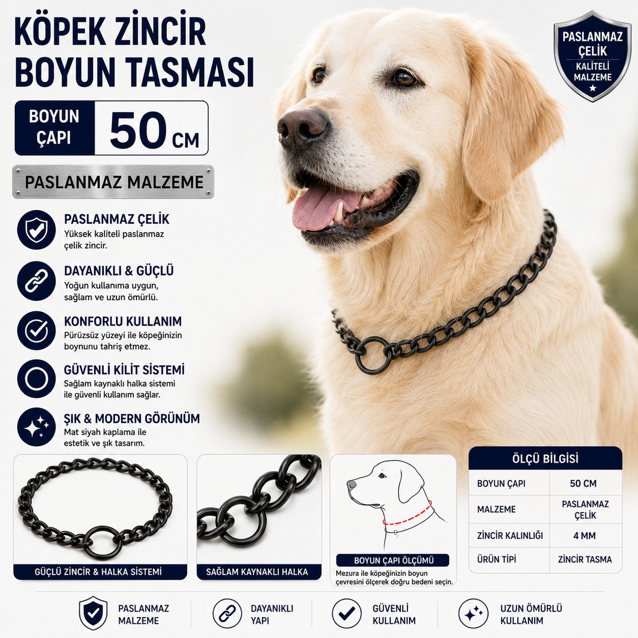 Köpek Zincir Boyun Tasması 50 cm Paslanmaz Çelik 4 mm Kalınlık - Siyah