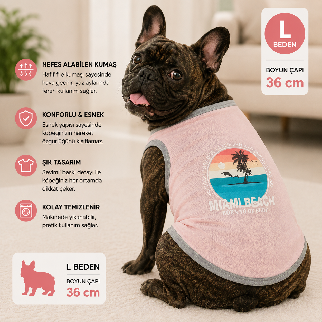 Köpek Tişörtü L Beden Boyun Çapı 36 cm Miami Beach Baskılı Kolsuz Atlet - Pembe