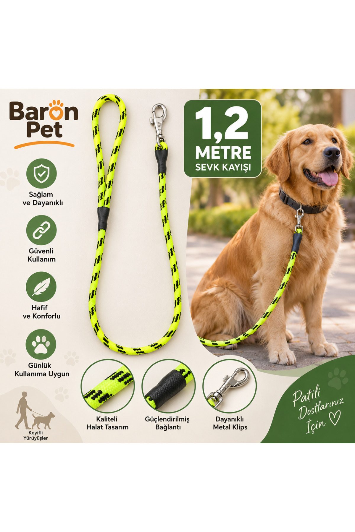 Baron Pet Köpek Sevk Kayışı 1,2 Metre Halat Örgü Metal Klipsli - Neon Sarı