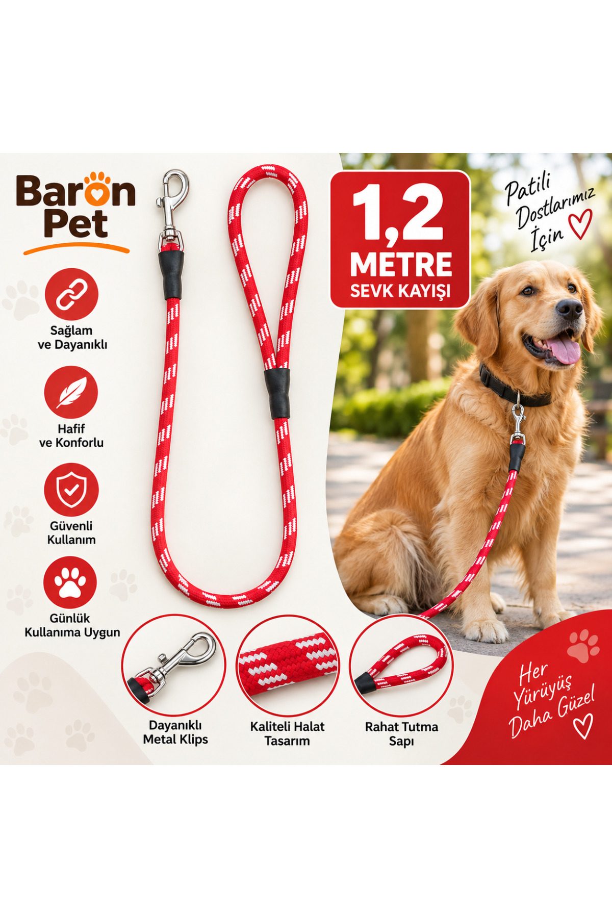 Baron Pet Köpek Sevk Kayışı 1,2 Metre Halat Örgü Metal Klipsli - Kırmızı