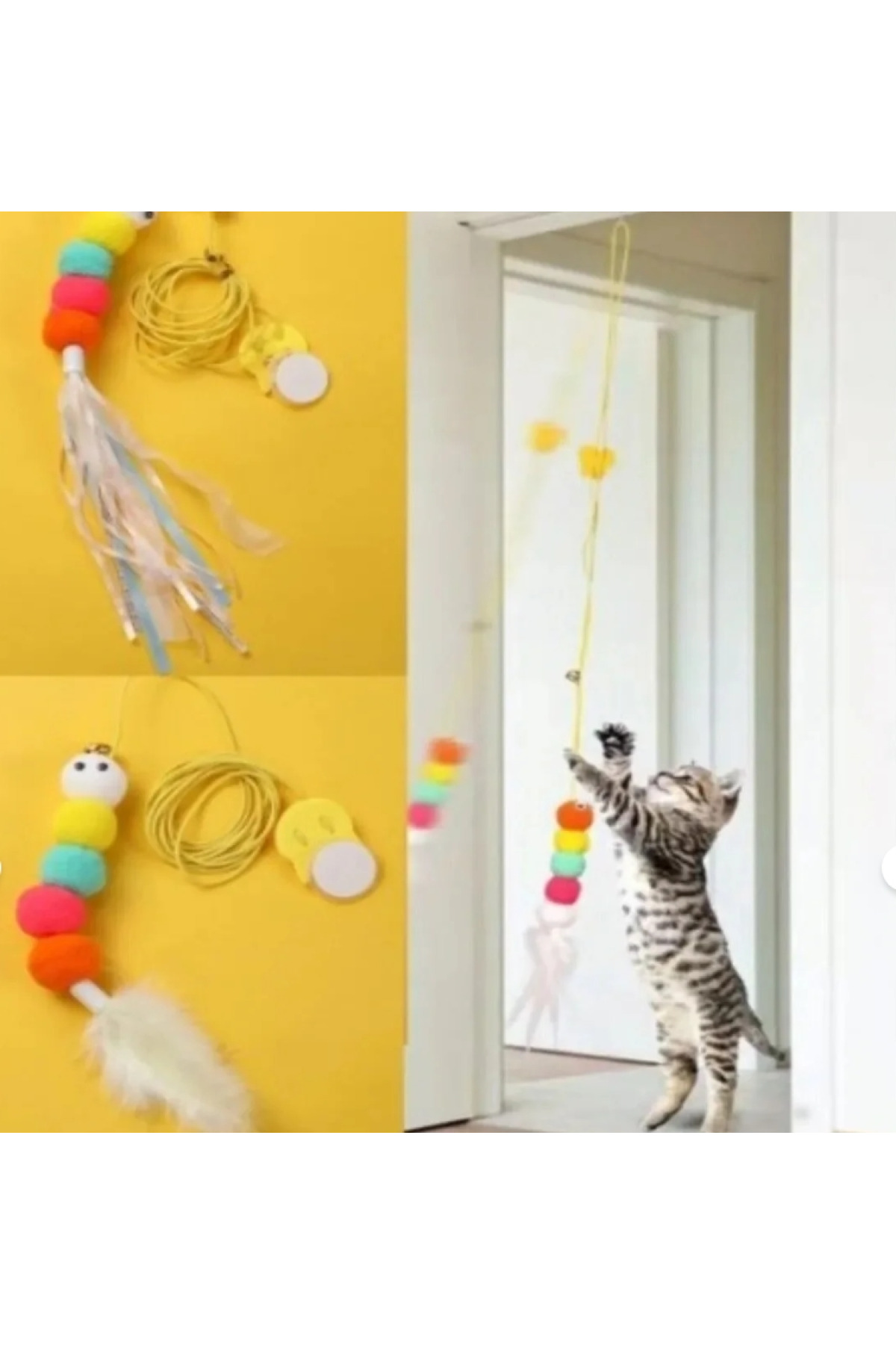 Yapışkanlı Kapı Askılı Kedi Oltası Elastik İpli Ponpon Tırtıl Tüylü Oyuncak