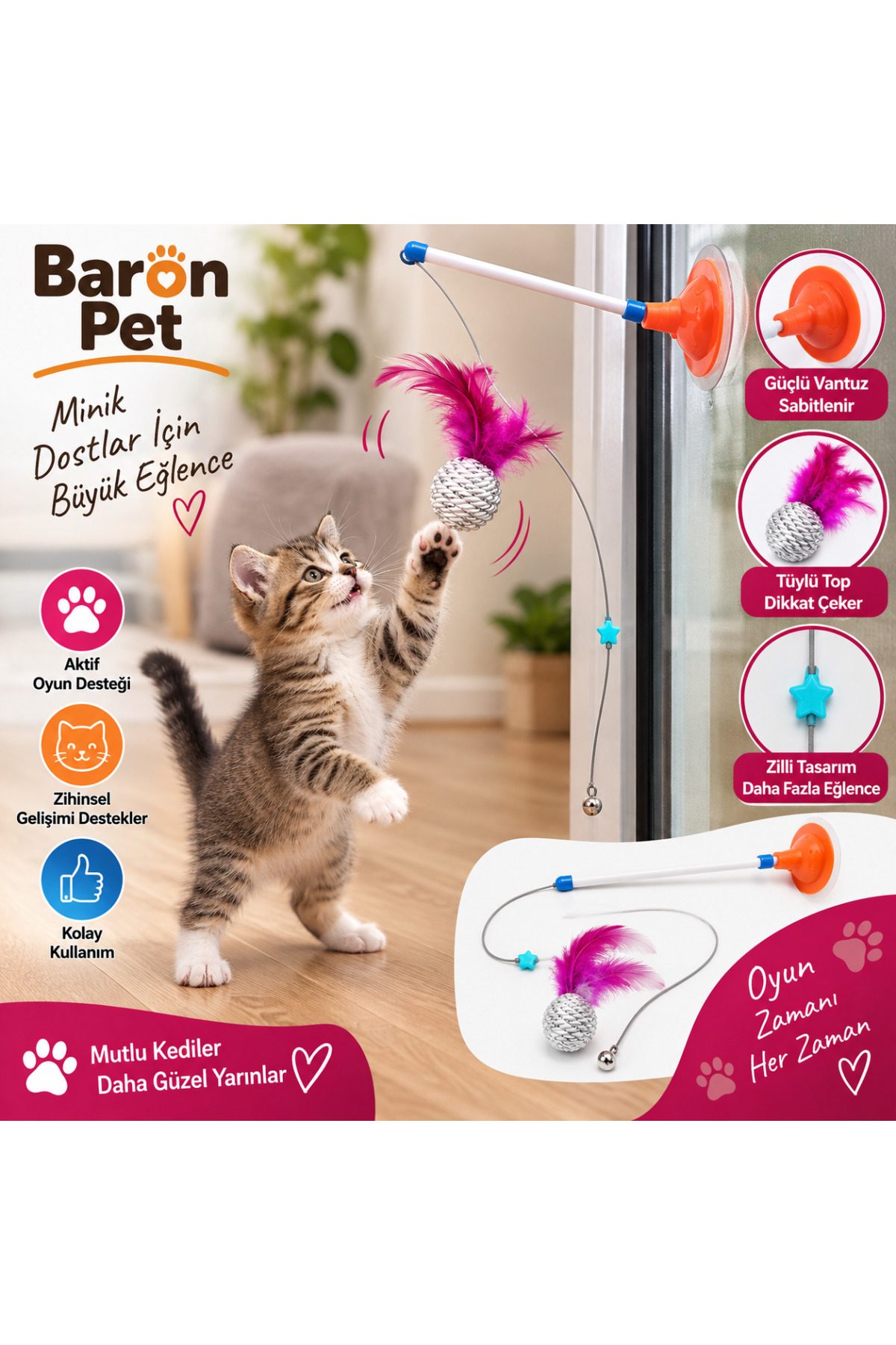 Baron Pet Vantuzlu Kedi Oltası Tüylü Top Zilli Cam Duvar Kedi Oyuncağı