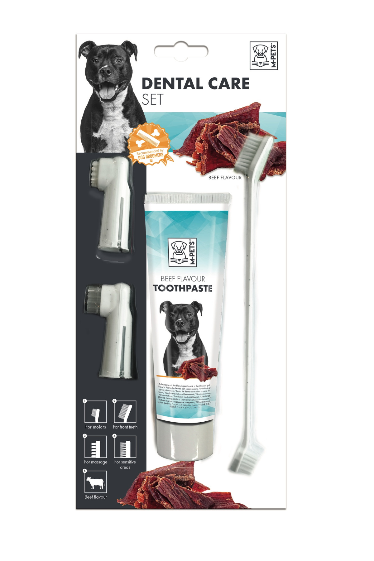 M-Pets Köpek Diş Macunu ve Fırça Seti Biftek Aromalı Çift Taraflı Fırça ve Parmak Fırçalı Ağız Bakım Seti