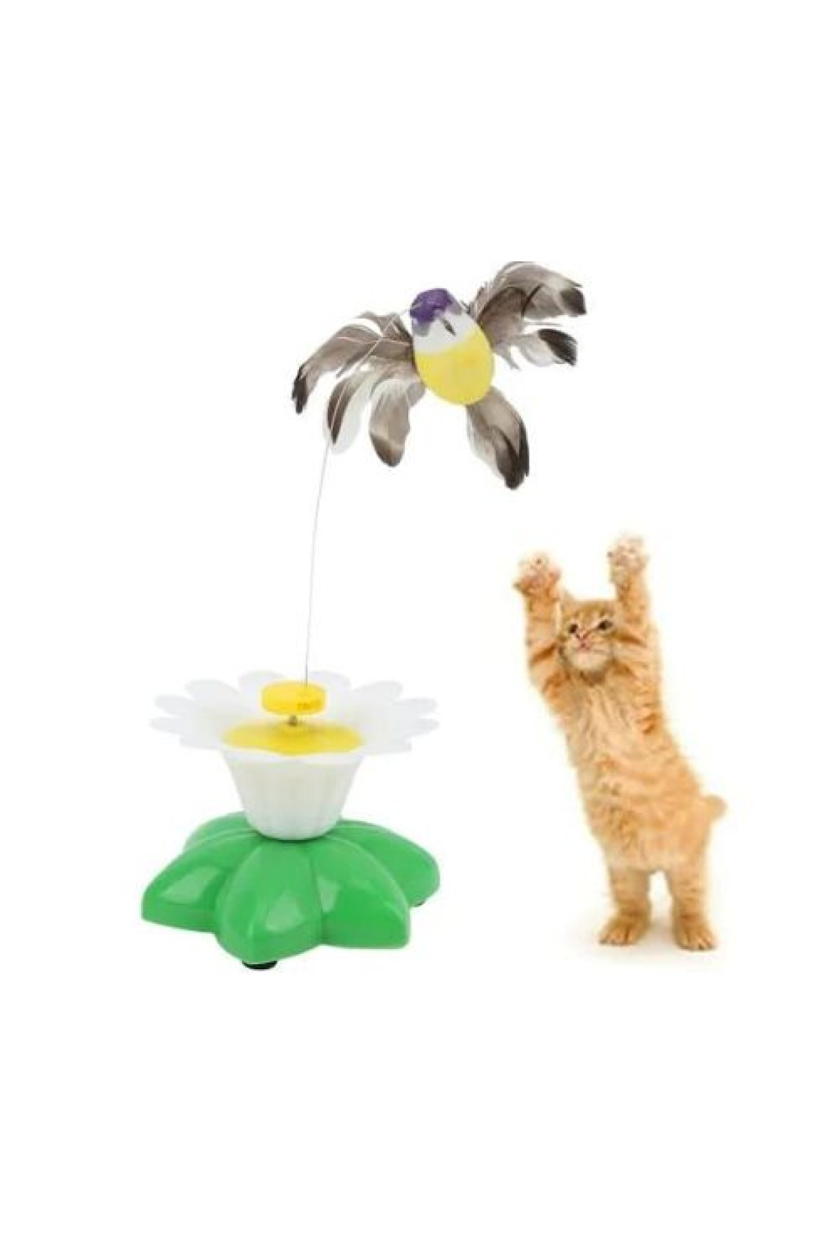 Pilli Hareketli Dönen Kuş Kedi Oyuncağı Otomatik Tüylü Kuş Çiçek Tabanlı Oyun Aleti