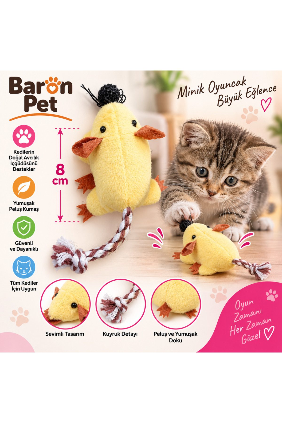 Baron Pet Kedi Oyuncağı Peluş Civciv 8 Cm Örgü Halat Kuyruklu Ponponlu Oyun Arkadaşı