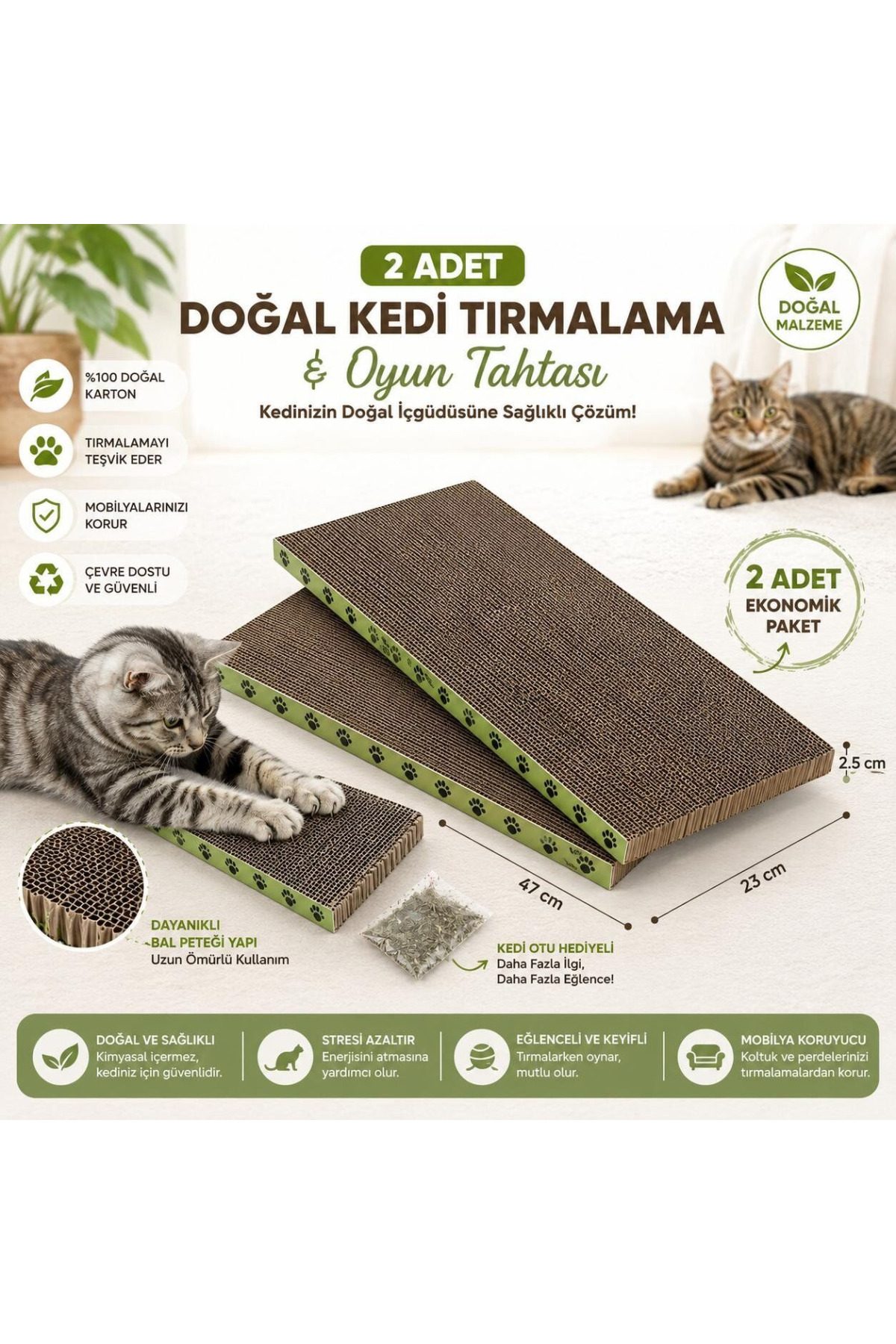 Baron Pet Kedi Tırmalama Tahtası 2 li Paket 47x23x2,5 Cm Oluklu Karton Kedi Otu Hediyeli