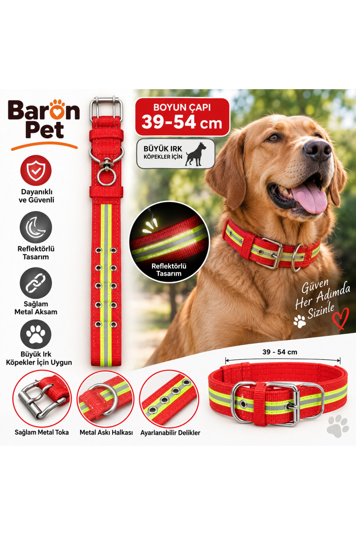Baron Pet Köpek Boyun Tasması 39-54 Cm Reflektörlü Dokuma Metal Tokalı Büyük Irk - Kırmızı
