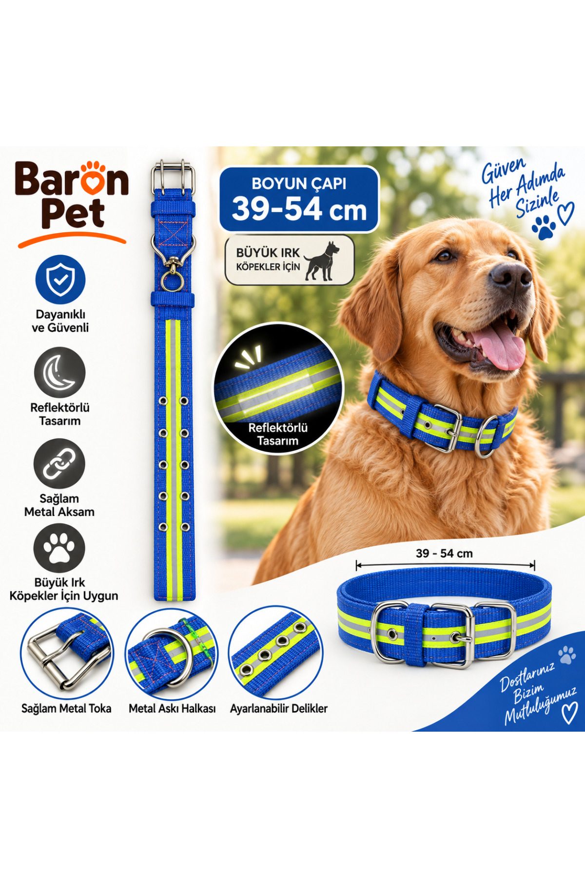 Baron Pet Köpek Boyun Tasması 39-54 Cm Reflektörlü Dokuma Metal Tokalı Büyük Irk - Mavi
