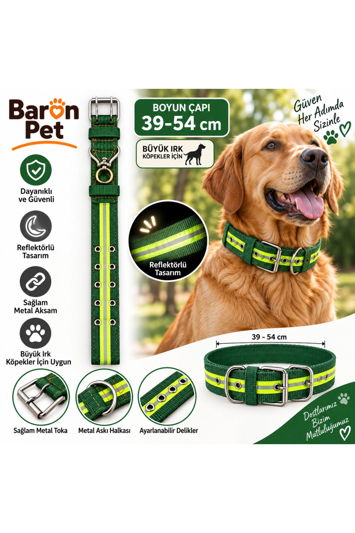 Baron Pet Köpek Boyun Tasması 39-54 Cm Reflektörlü Dokuma Metal Tokalı Büyük Irk - Yeşil