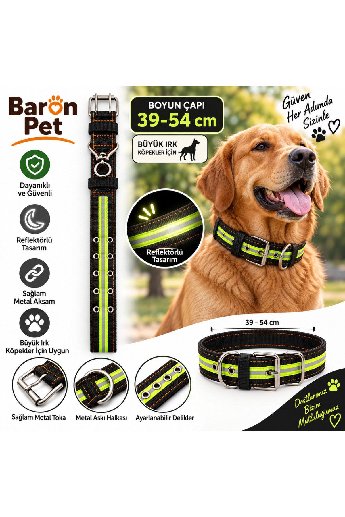 Baron Pet Köpek Boyun Tasması 39-54 Cm Reflektörlü Dokuma Metal Tokalı Büyük Irk - Siyah