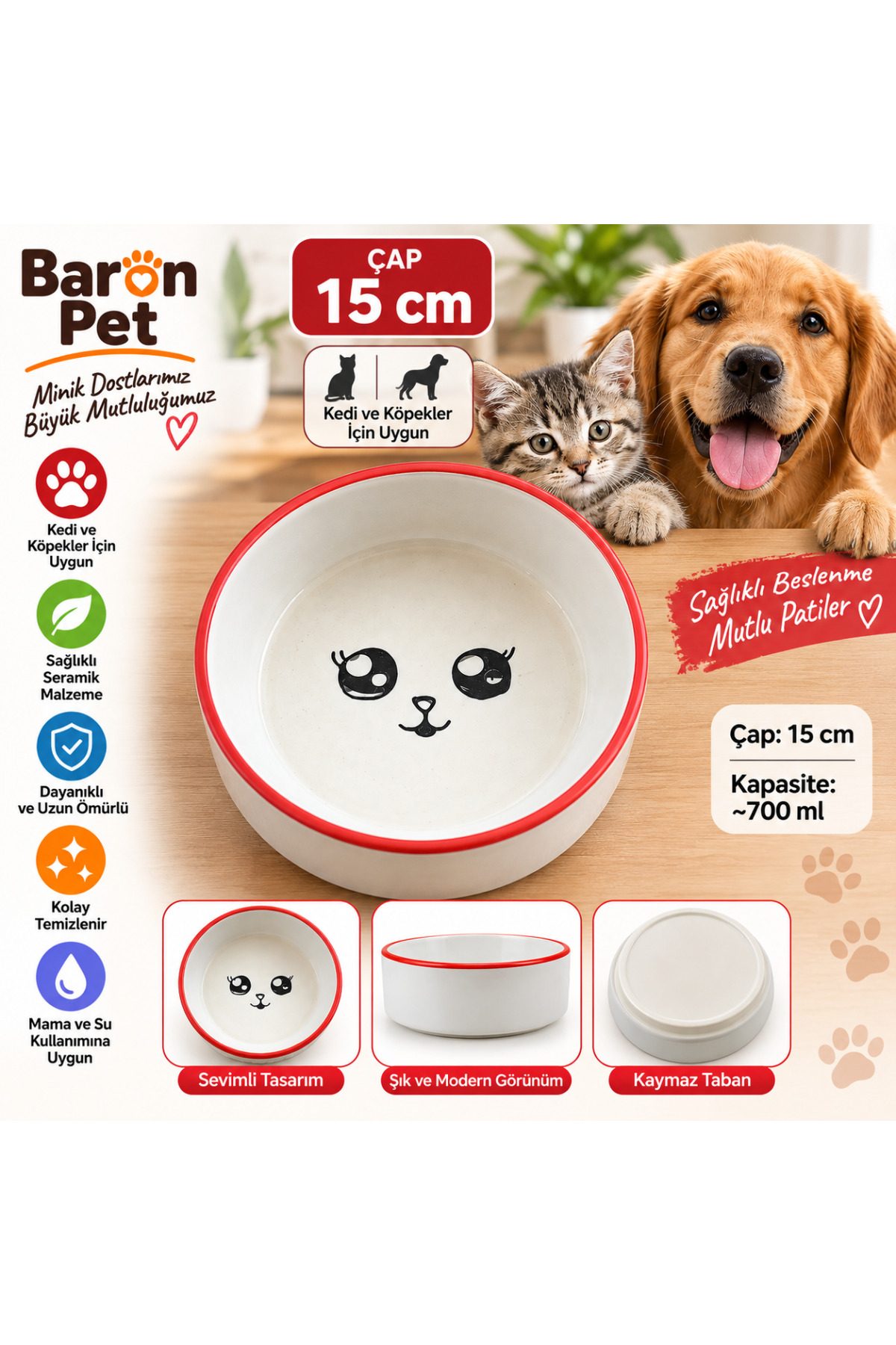 Baron Pet Kedi Köpek Seramik Mama ve Su Kabı 15 Cm 700 Ml Kaymaz Tabanlı Sevimli Desenli - Kırmızı