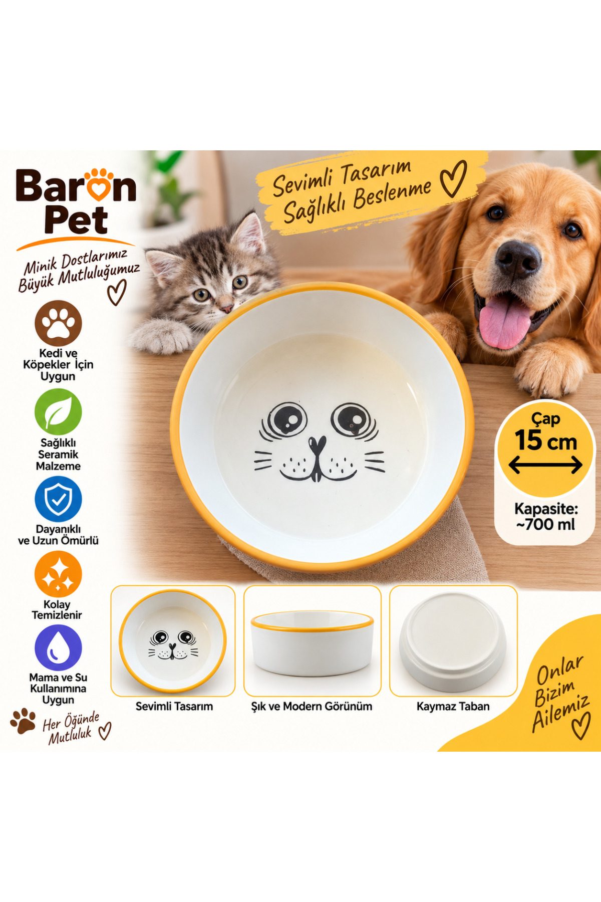 Baron Pet Kedi Köpek Seramik Mama ve Su Kabı 15 Cm 700 Ml Kaymaz Tabanlı Sevimli Desenli - Sarı