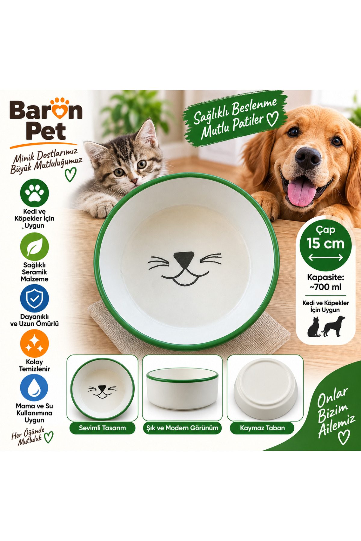 Baron Pet Kedi Köpek Seramik Mama ve Su Kabı 15 Cm 700 Ml Kaymaz Tabanlı Sevimli Desenli - Yeşil