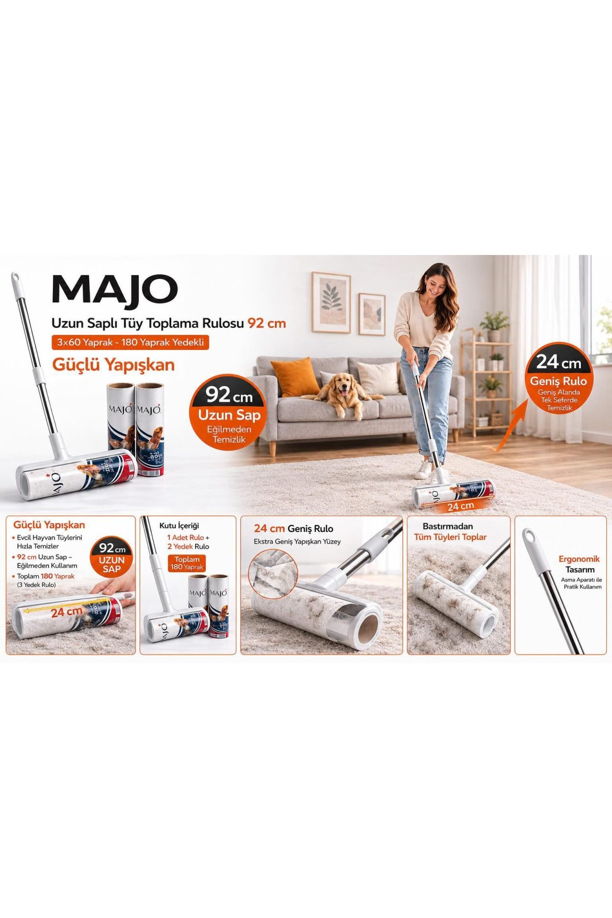 Majo Tüy Toplama Rulosu 24 Cm 180 Yaprak 92 Cm Uzun Saplı 2 Yedek Rulo ile Birlikte