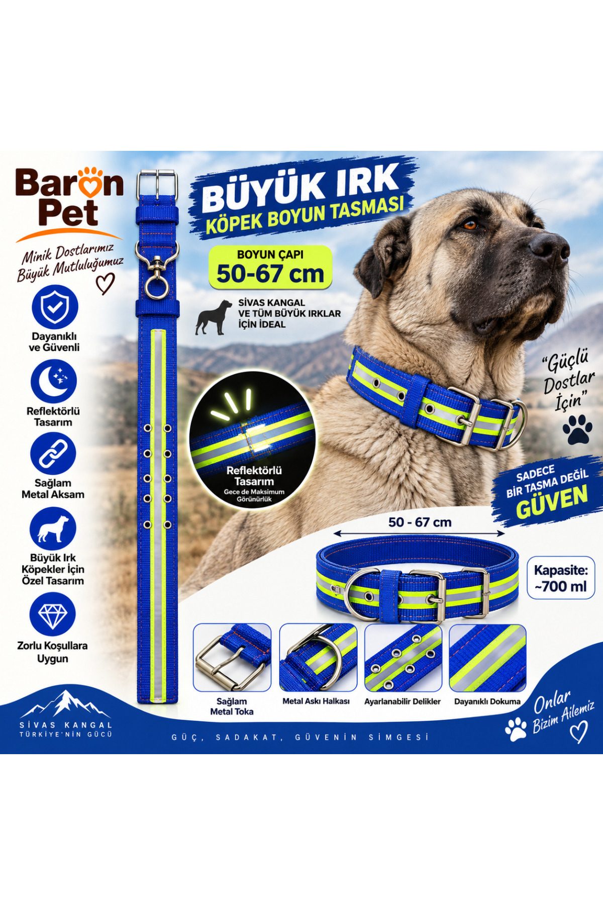 Baron Pet Köpek Boyun Tasması 50-67 Cm Reflektörlü Dokuma Metal Tokalı Sivas Kangal ve Büyük Irk - Mavi