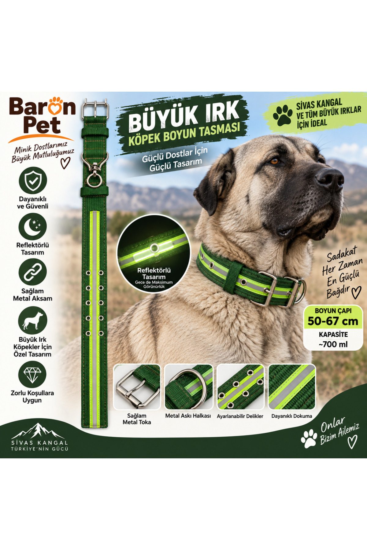 Baron Pet Köpek Boyun Tasması 50-67 Cm Reflektörlü Dokuma Metal Tokalı Sivas Kangal ve Büyük Irk - Yeşil