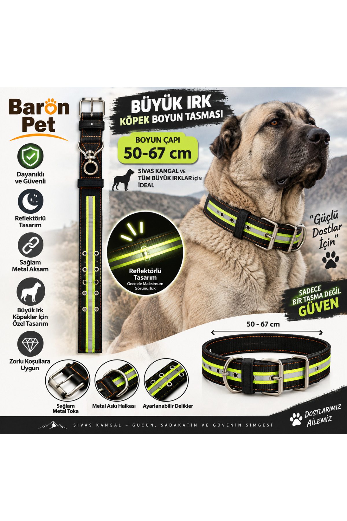 Baron Pet Köpek Boyun Tasması 50-67 Cm Reflektörlü Dokuma Metal Tokalı Sivas Kangal ve Büyük Irk - Siyah