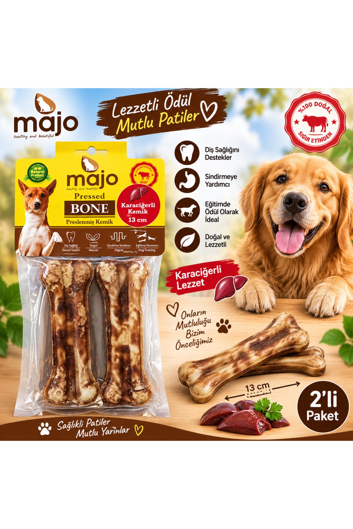 Majo Karaciğerli Köpek Pres Kemik 13 Cm 2 li Paket Doğal Sığır Eti Çiğneme Ödülü