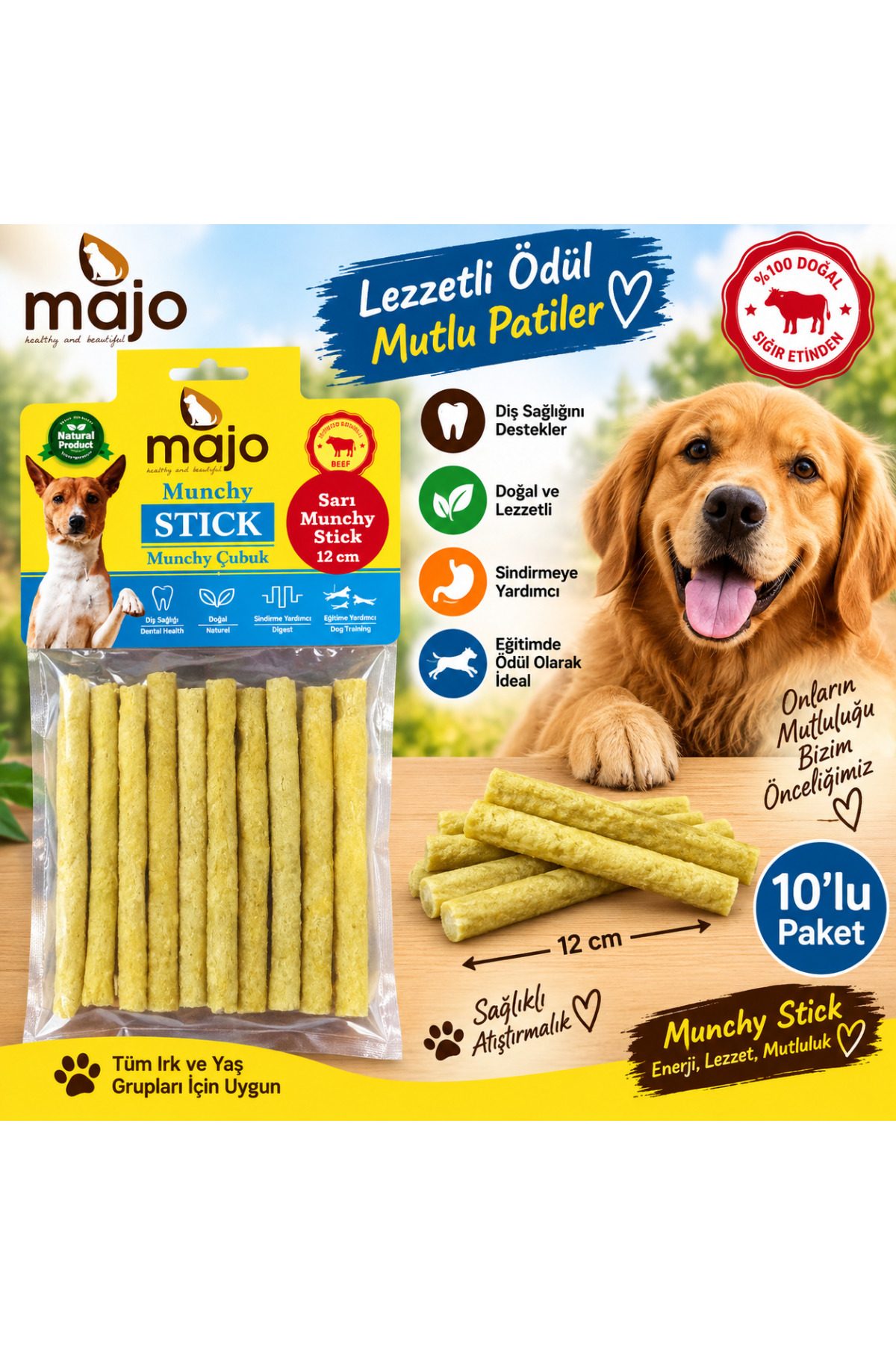 Majo Sarı Munchy Stick Köpek Çubuk Ödülü 12 Cm 10 lu Paket Doğal Sığır Eti Çiğneme Ödülü