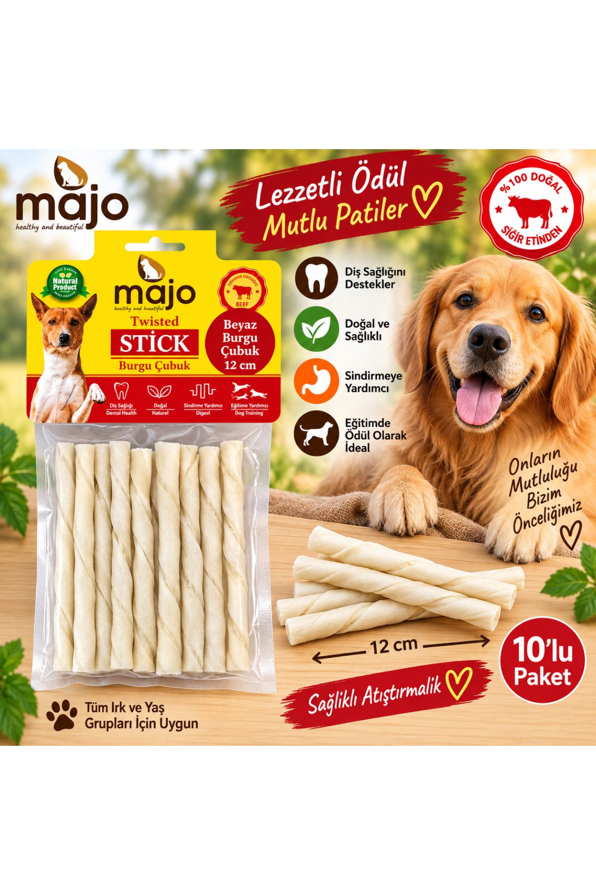 Majo Beyaz Burgu Çubuk Twisted Stick Köpek Ödülü 12 Cm 10 lu Paket Doğal Sığır Eti