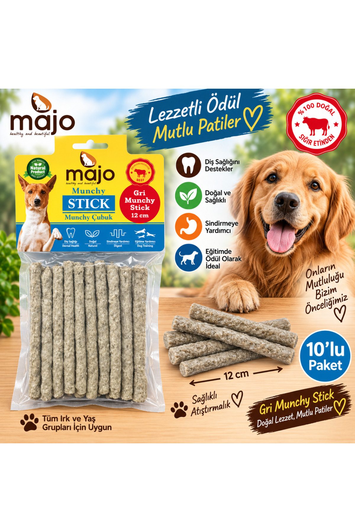Majo Gri Munchy Stick Köpek Çubuk Ödülü 12 Cm 10 lu Paket Doğal Sığır Eti Çiğneme Ödülü