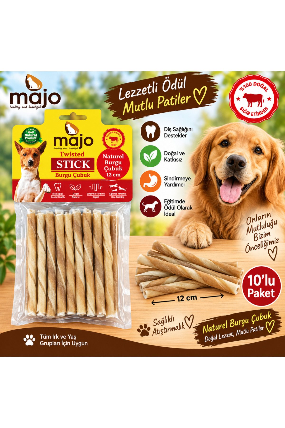 Majo Naturel Burgu Çubuk Twisted Stick Köpek Ödülü 12 Cm 10 lu Paket Doğal Sığır Eti