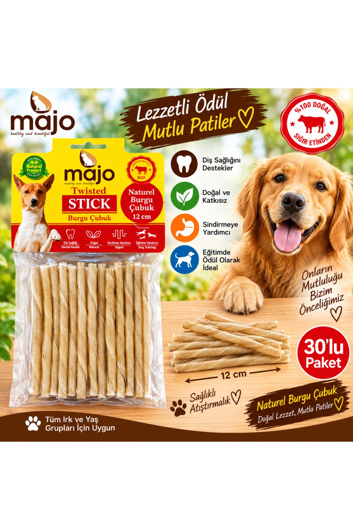 Majo Naturel Burgu Çubuk Twisted Stick Köpek Ödülü 12 Cm 30 lu Avantaj Paket Doğal Sığır Eti