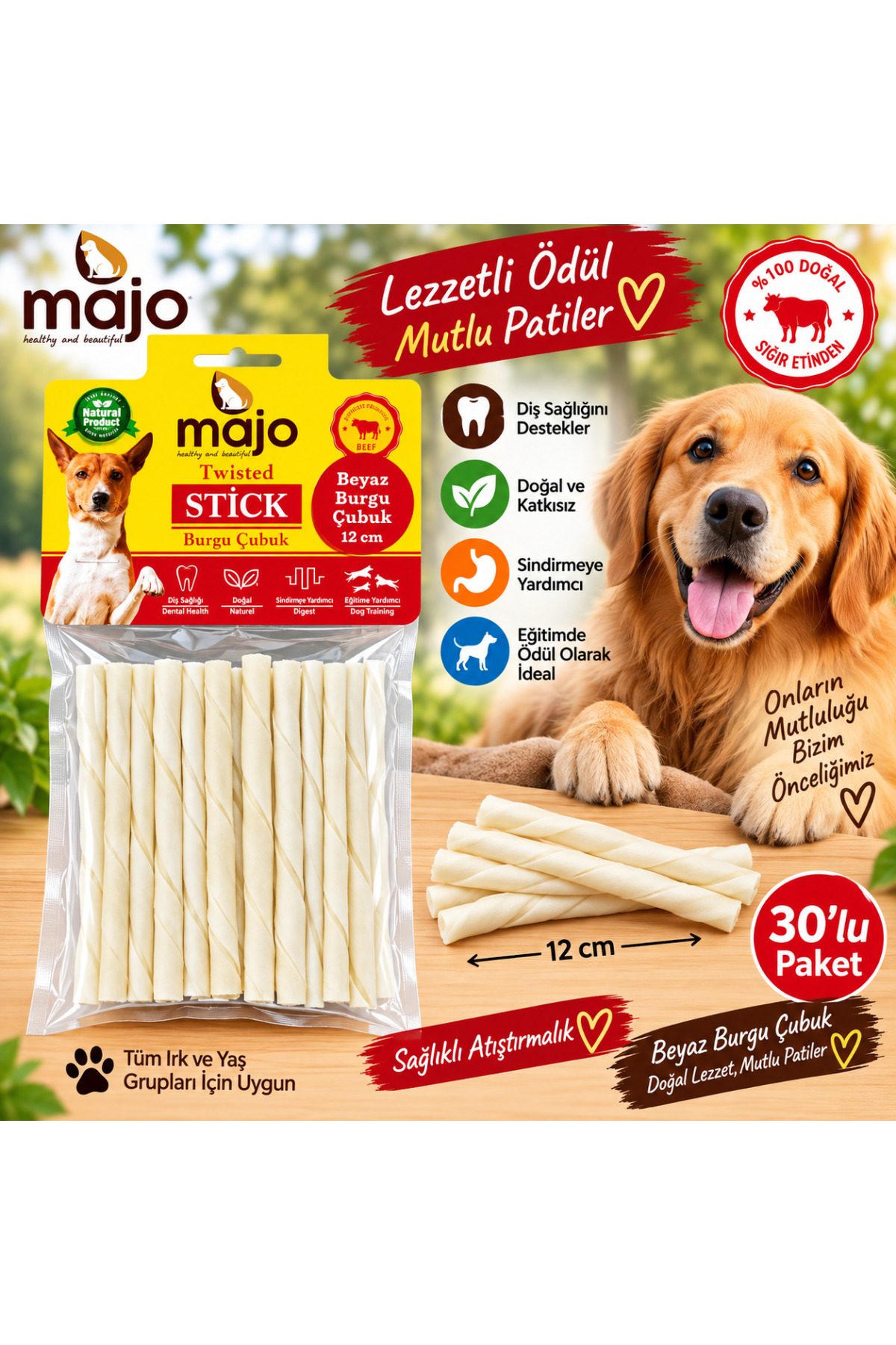Majo Beyaz Burgu Çubuk Twisted Stick Köpek Ödülü 12 Cm 30 lu Avantaj Paket Doğal Sığır Eti