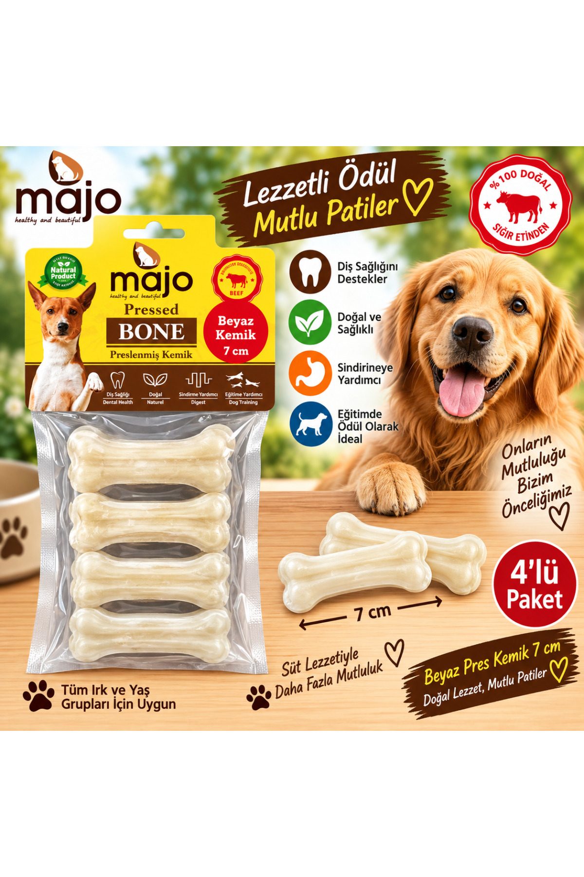 Majo Beyaz Pres Kemik 7 Cm 4 lü Paket Süt Lezzetli Köpek Çiğneme Ödülü Doğal Sığır Eti
