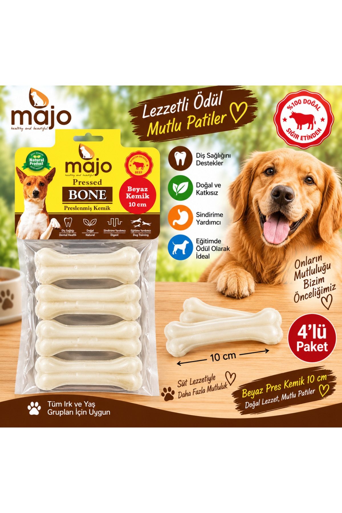 Majo Beyaz Pres Kemik 10 Cm 4 lü Paket Süt Lezzetli Köpek Çiğneme Ödülü Doğal Sığır Eti
