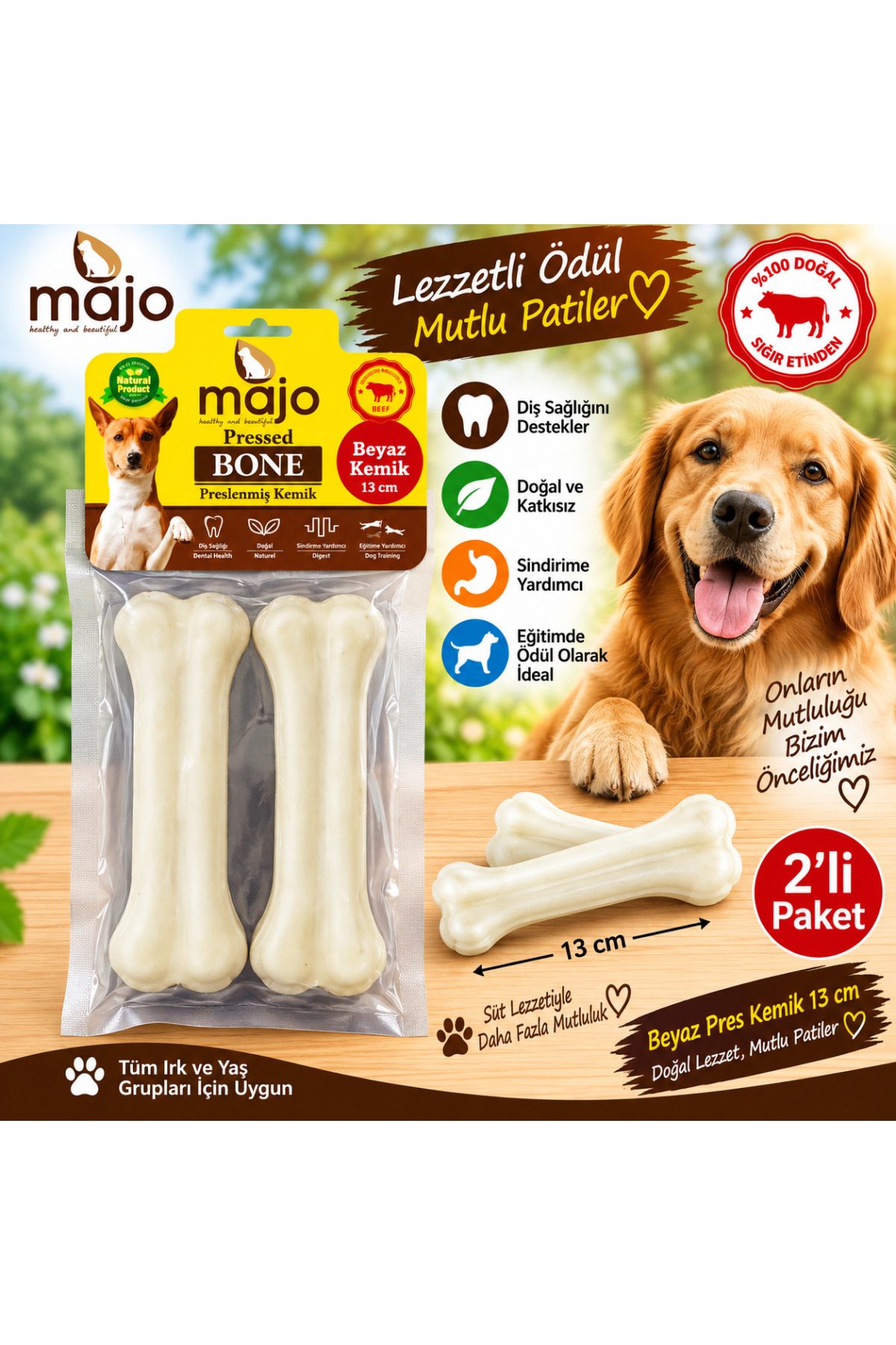 Majo Beyaz Pres Kemik 13 Cm 2 li Paket Süt Lezzetli Köpek Çiğneme Ödülü Doğal Sığır Eti