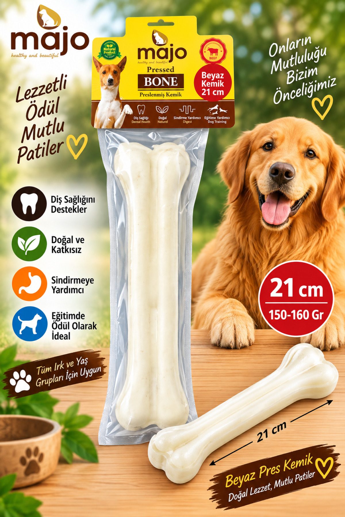 Majo Beyaz Pres Kemik 21 Cm 150-160 Gr Tekli Süt Lezzetli Köpek Çiğneme Ödülü Doğal Sığır Eti