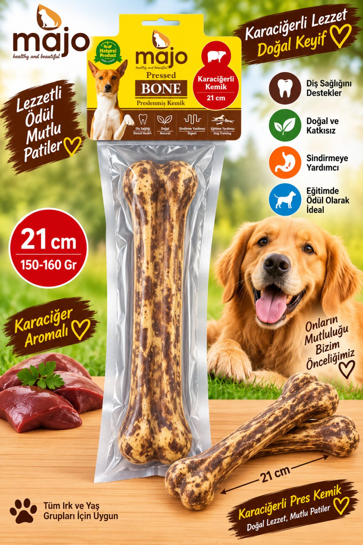 Majo Karaciğerli Pres Kemik 21 Cm 150-160 Gr Tekli Köpek Çiğneme Ödülü Doğal Sığır Eti