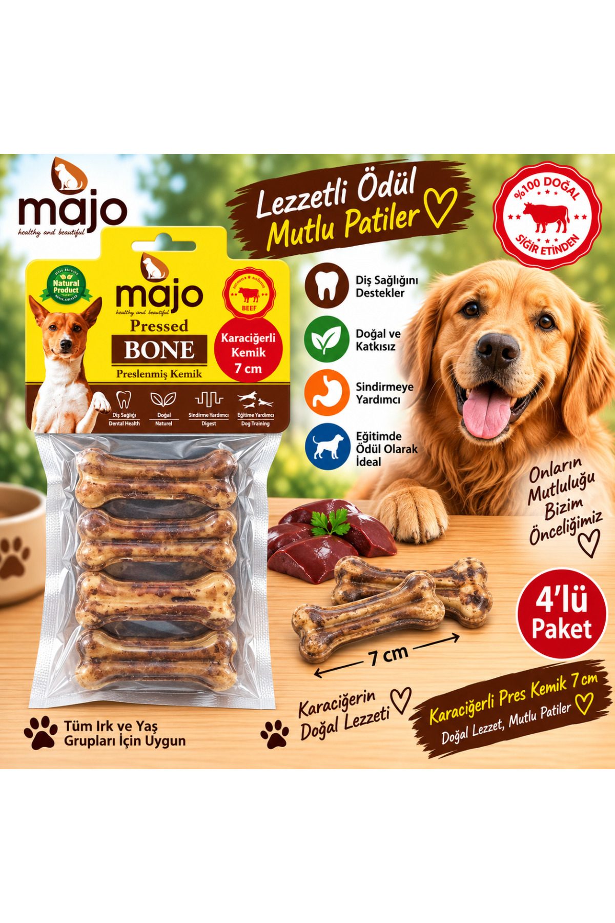 Majo Karaciğerli Pres Kemik 7 Cm 4 lü Paket Köpek Çiğneme Ödülü Doğal Sığır Eti