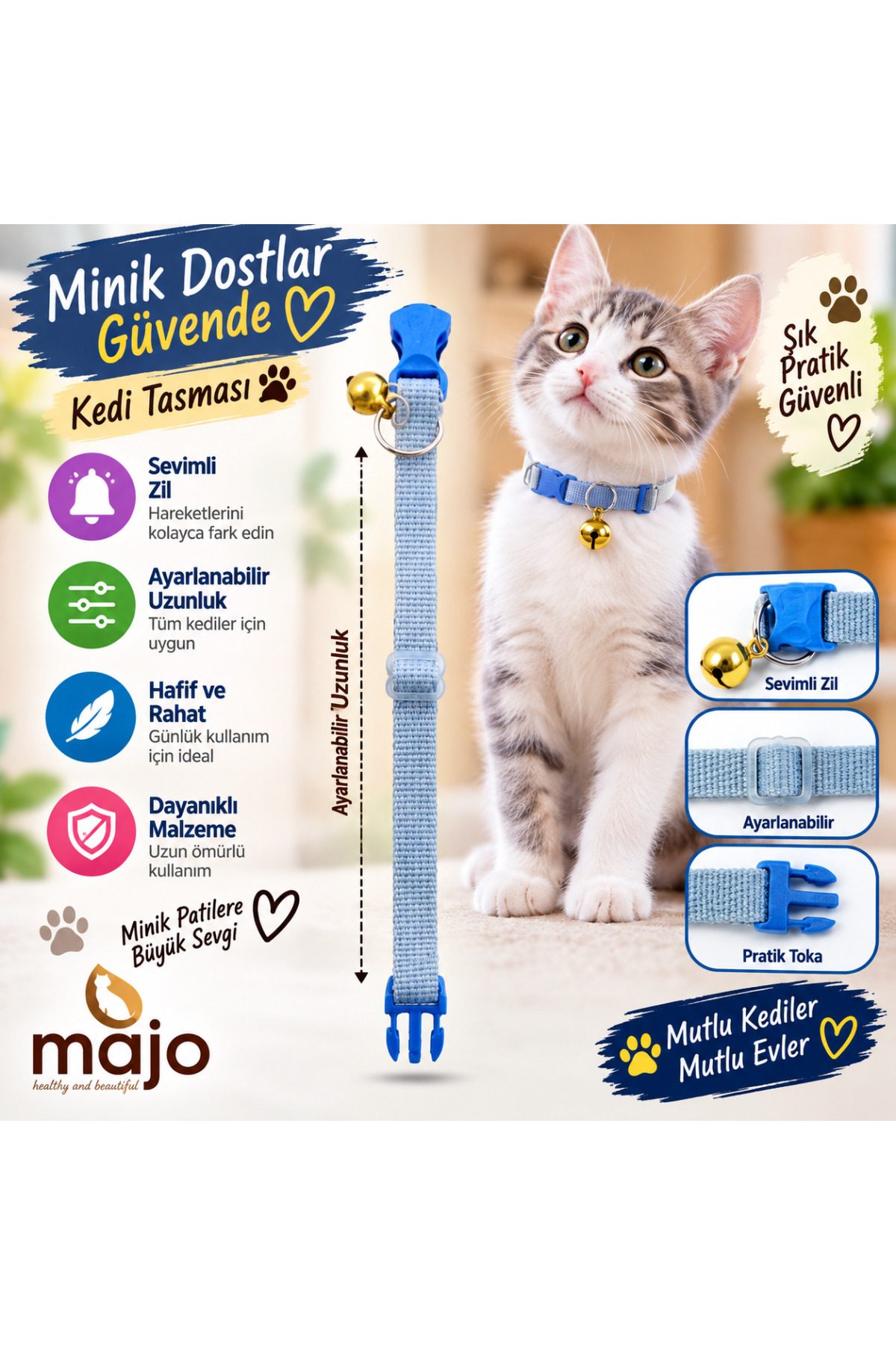 Baron Pet Kedi Boyun Tasması Zilli Ayarlanabilir Güvenlik Tokalı Dokuma - Mavi