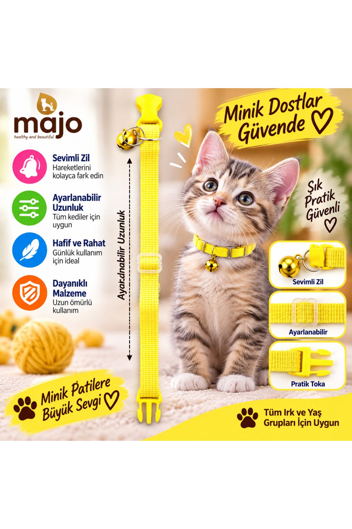 Baron Pet Kedi Boyun Tasması Zilli Ayarlanabilir Güvenlik Tokalı Dokuma - Sarı