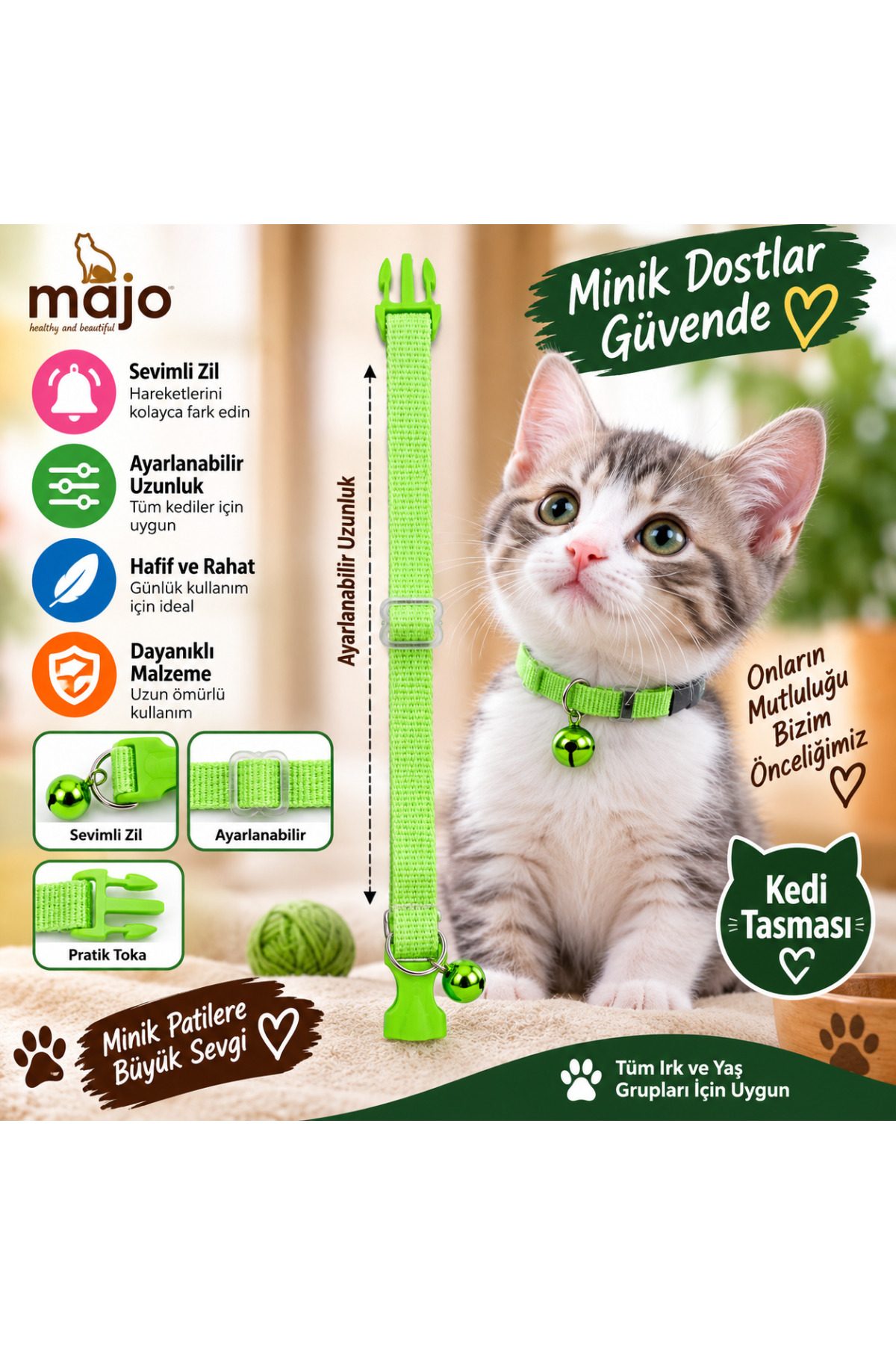 Baron Pet Kedi Boyun Tasması Zilli Ayarlanabilir Güvenlik Tokalı Dokuma - Yeşil
