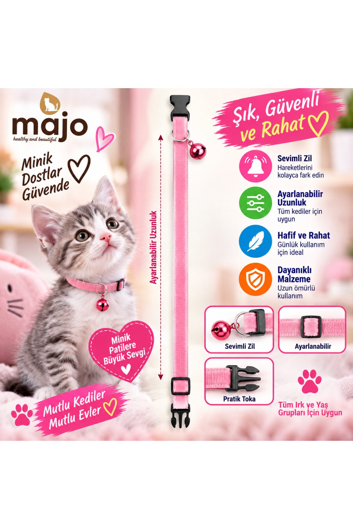 Baron Pet Kedi Boyun Tasması Zilli Ayarlanabilir Güvenlik Tokalı Kadife - Pembe