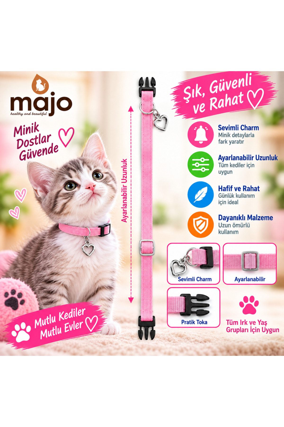 Baron Pet Kedi Boyun Tasması Kalp Charm Detaylı Ayarlanabilir Güvenlik Tokalı - Pembe